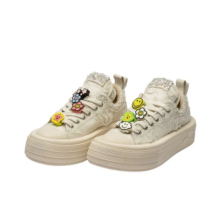 FORESHADOW 'Double Uni' Sneaker Anti Slip And Wear Resistant Height Increasing Low Top Canvas Shoes Women's White-2