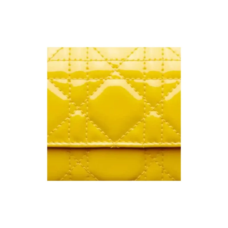 DIOR Lady Dior Patent Leather Calfskin Wallet Women's Yellow-5