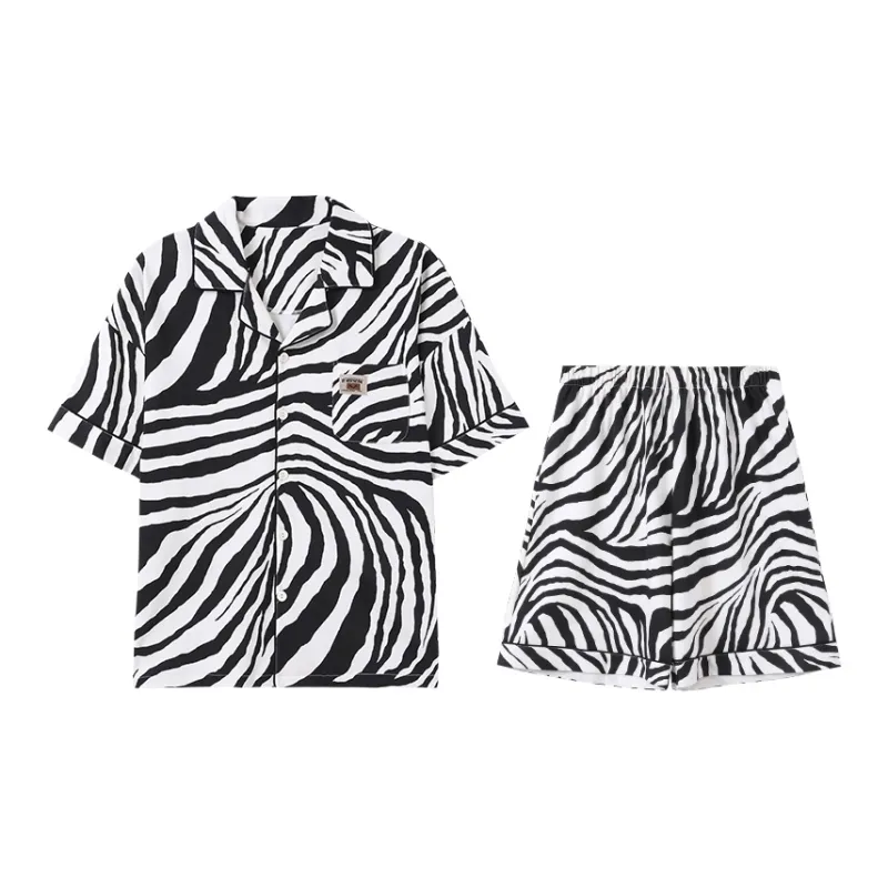 Sleep Student Dorm Home Pajama Set Men's Summer Black White Zebra Print-0