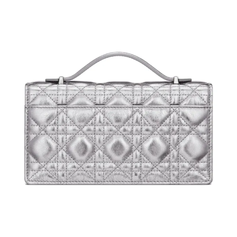 DIOR Pleated Cow Leather Shoulder Bag Crossbody Bag Handbag Mini Women's Silver-3