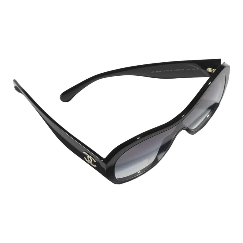 CHANEL Acetate Irregular Shape Sunglasses Women's Black-4