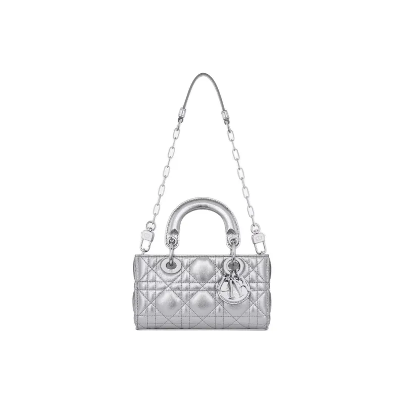 DIOR Lady D-JOY Pleated Cow Leather Shoulder Bag Crossbody Bag Handbag Extra Mini Women's Silver-1