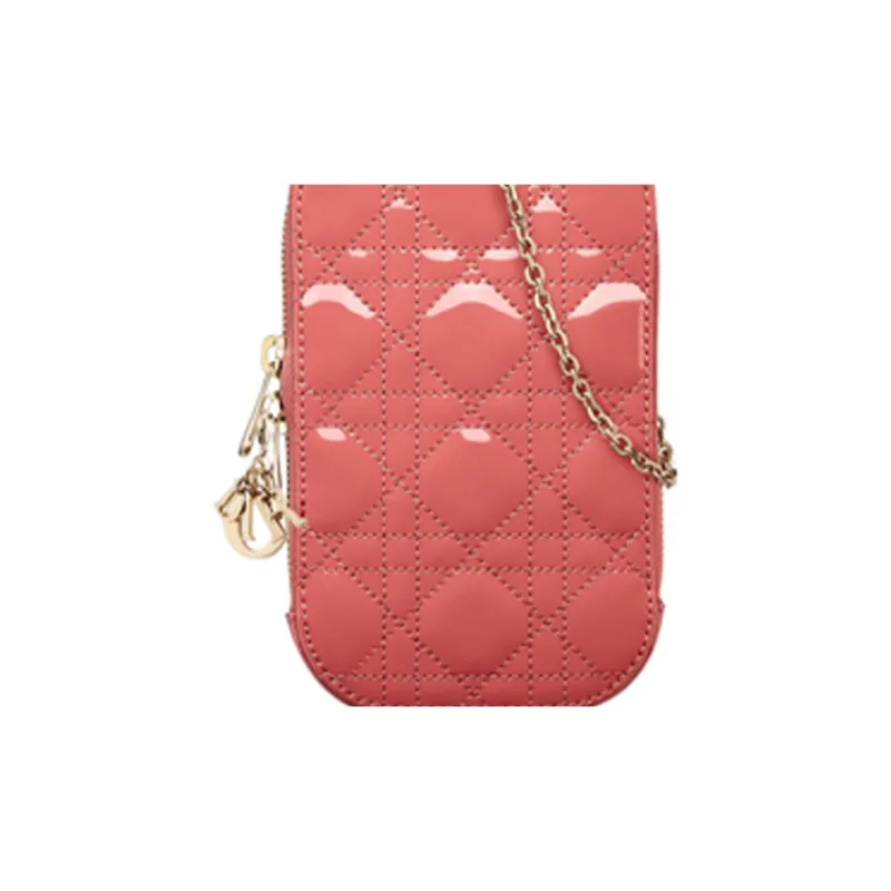 DIOR Lady Dior Calfskin One Shoulder Crossbody Cell Phone Pouch Women's Ash Coral Pink-5