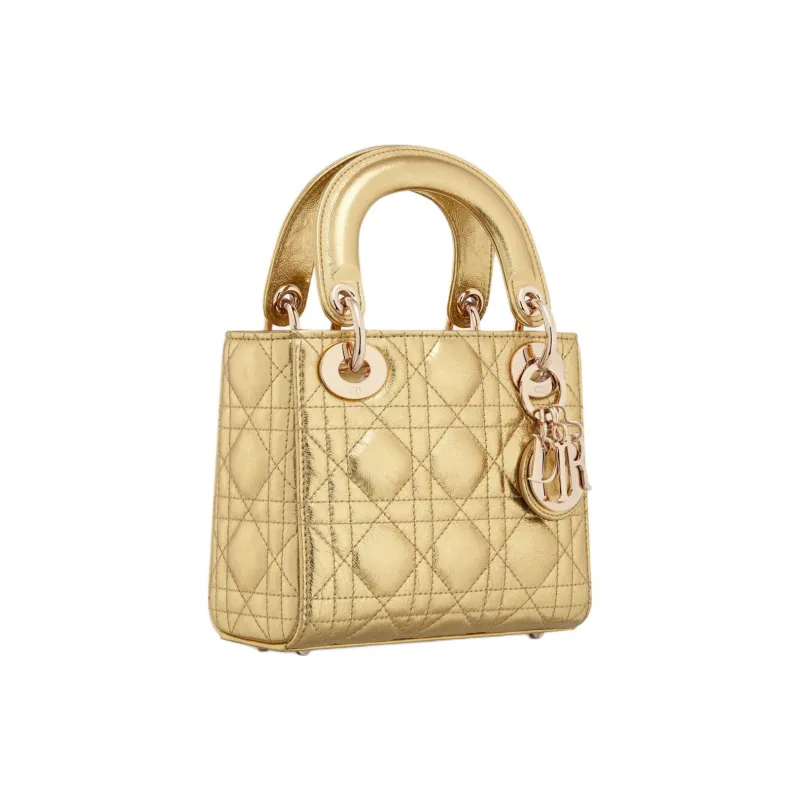 DIOR Lady Dior Wrinkled Calfskin Shoulder Bag Crossbody Bag Handbag Mini Women's Gold-2