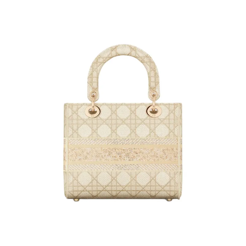 DIOR Lady D-Lite Rattan Embroidery Shoulder Bag Crossbody Bag Handbag Medium Size Women's Light Gold-3