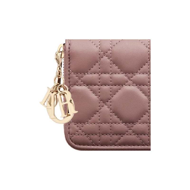 DIOR Lady Dior Quilting Lambskin Clutches Card Holder Wallet Women's Pink Peony-4