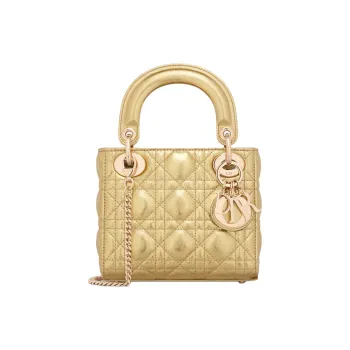 DIOR Lady Dior Wrinkled Calfskin Shoulder Bag Crossbody Bag Handbag Mini Women's Gold