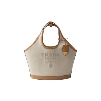 PRADA Linen Blend With Leather Tote Bag, Shopping Bag, Handbag Medium Size Women's Beige & Light Brown