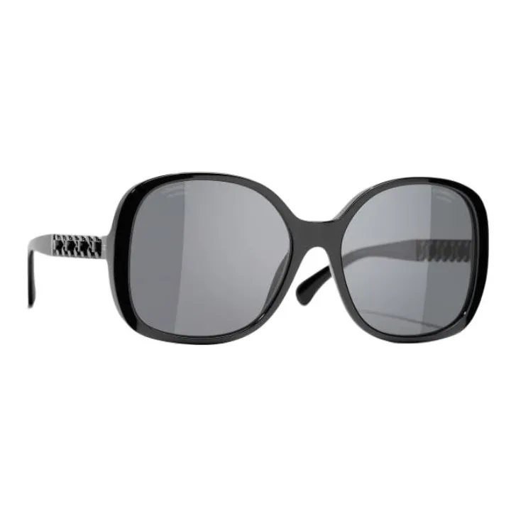 CHANEL Acetate Calfskin Irregular Shape Sunglasses Women's Black-1
