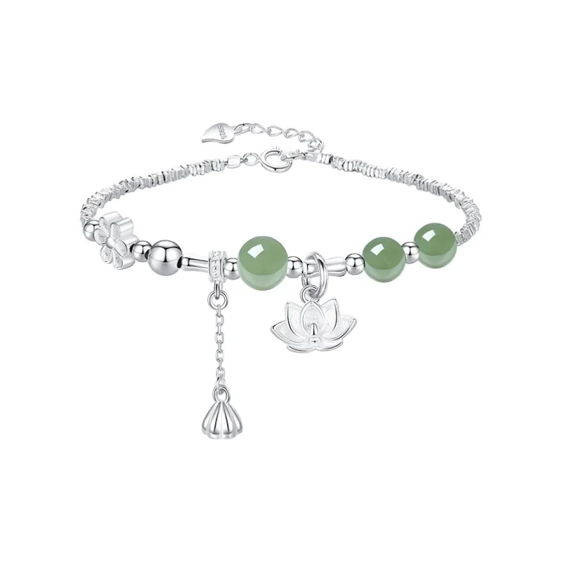 Heart Grass S925 Silver Bracelets Women's Green Jade-0