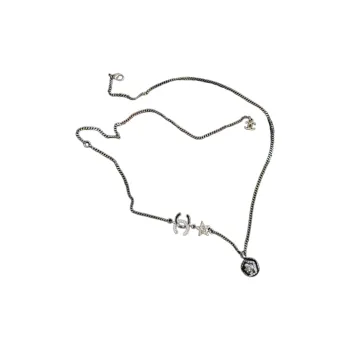 CHANEL Metal Faux Diamond Necklaces Unisex Silver