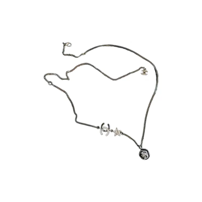 CHANEL Metal Faux Diamond Necklaces Unisex Silver-0