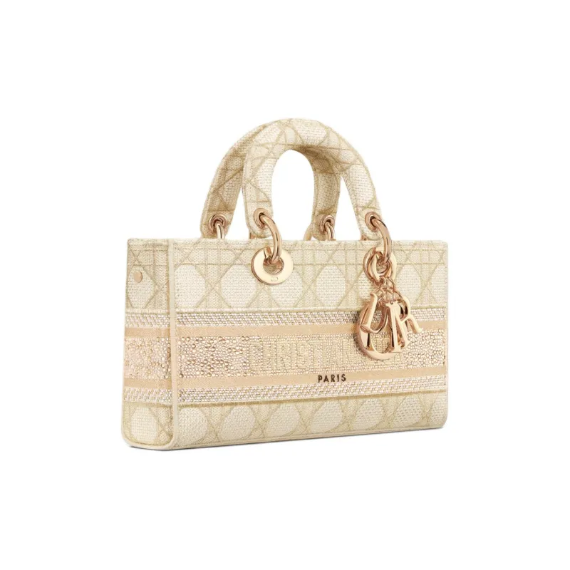 DIOR Lady D-JOY Rattan Embroidery Shoulder Bag Crossbody Bag Handbag Medium Size Women's Light Brown-3