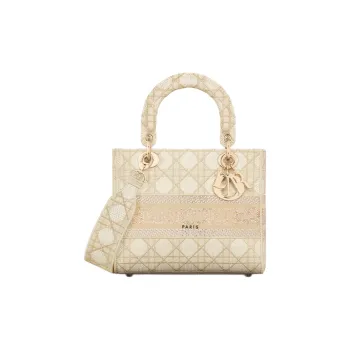 DIOR Lady D-Lite Rattan Embroidery Shoulder Bag Crossbody Bag Handbag Medium Size Women's Light Gold