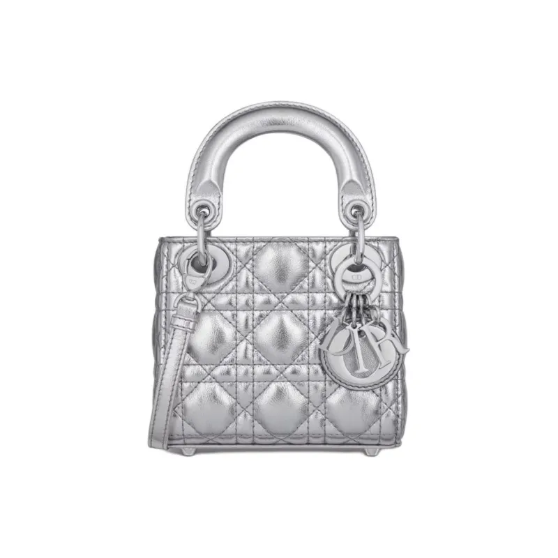 DIOR Lady Dior Wrinkled Cow Leather Shoulder Bag Crossbody Bag Handbag Extra Mini Women's Silver-0