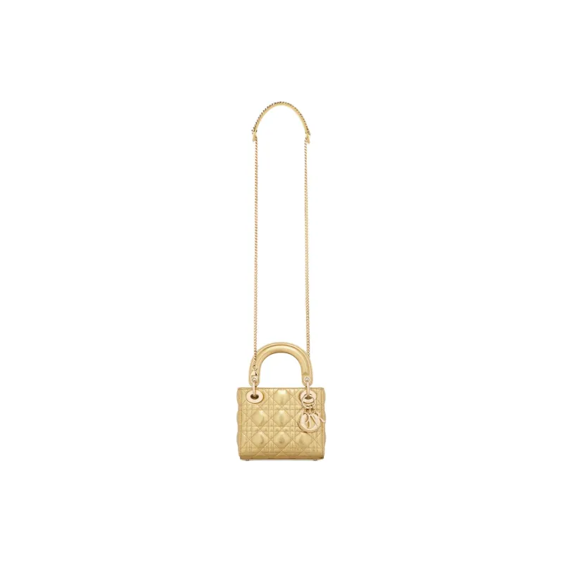 DIOR Lady Dior Wrinkled Calfskin Shoulder Bag Crossbody Bag Handbag Mini Women's Gold-1