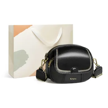 15 MINS Cow Leather Patchwork Synthetic Leather Small Round Bag Crossbody Bag Shoulder Bag Women's Night Black