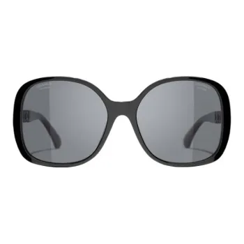 CHANEL Acetate Calfskin Irregular Shape Sunglasses Women's Black