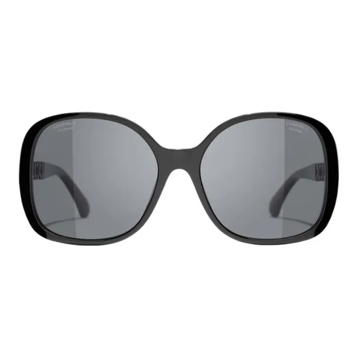 CHANEL Acetate Calfskin Irregular Shape Sunglasses Women's Black-0
