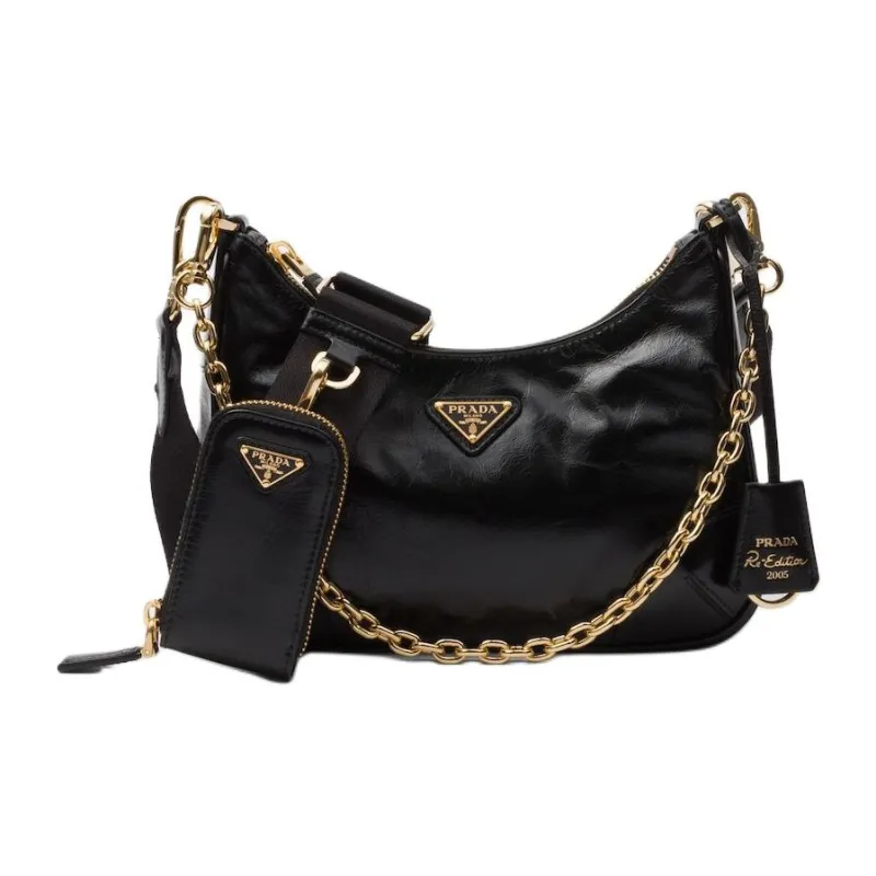 PRADA Re Edition Leather Crossbody Bag, Shoulder Bag Women's Black-0