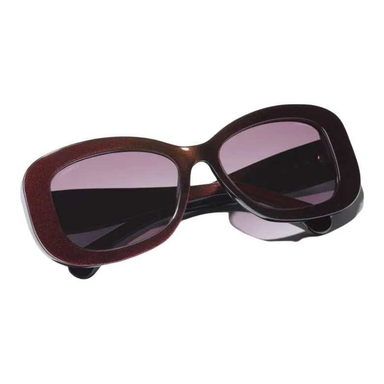 CHANEL Acetate Square Sunglasses Women's Burgundy-4