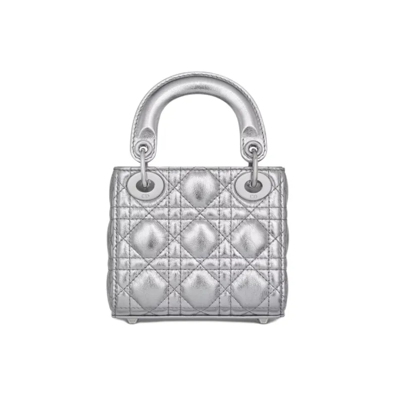 DIOR Lady Dior Wrinkled Cow Leather Shoulder Bag Crossbody Bag Handbag Extra Mini Women's Silver-3