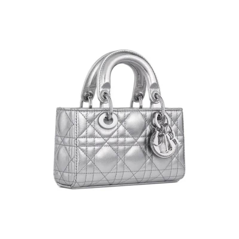 DIOR Lady D-JOY Pleated Cow Leather Shoulder Bag Crossbody Bag Handbag Extra Mini Women's Silver-3