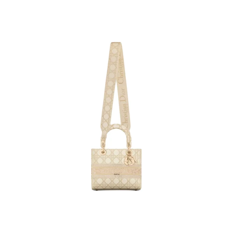 DIOR Lady D-Lite Rattan Embroidery Shoulder Bag Crossbody Bag Handbag Medium Size Women's Light Gold-1