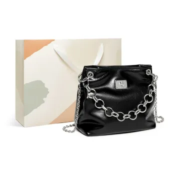 15 MINS Cow Leather Handbag Shoulder Bag Crossbody Bag Small Size Women's Midnight Black/Silver