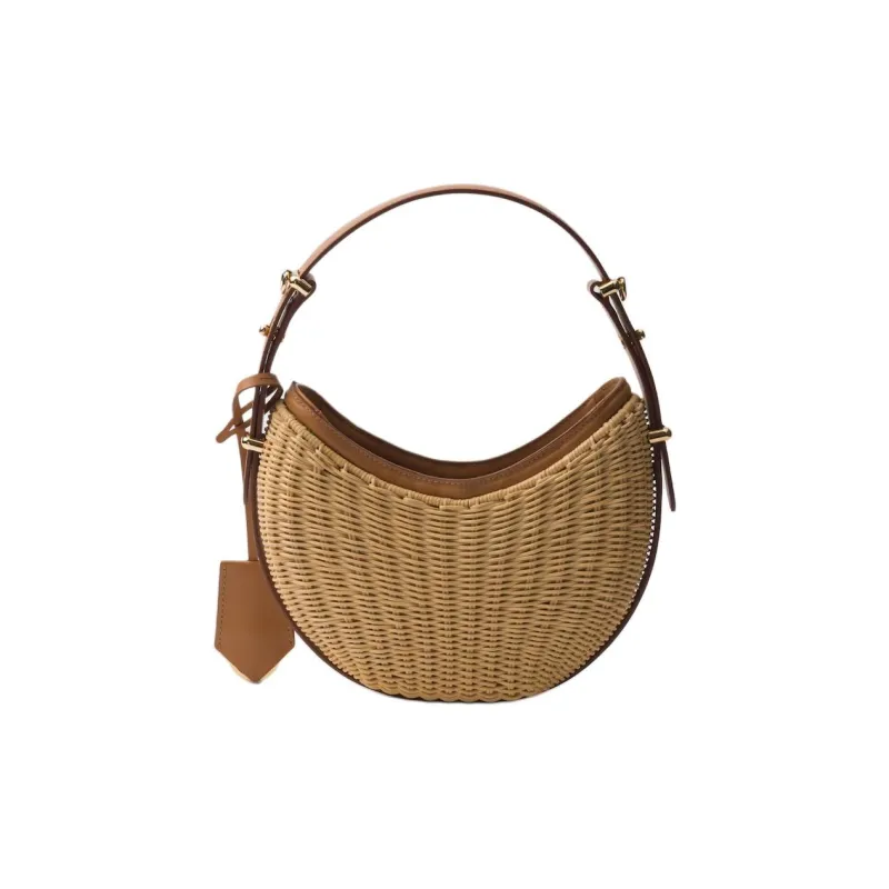 PRADA Arque Woven Fabric With Leather Handbag Women's Light Brown-2
