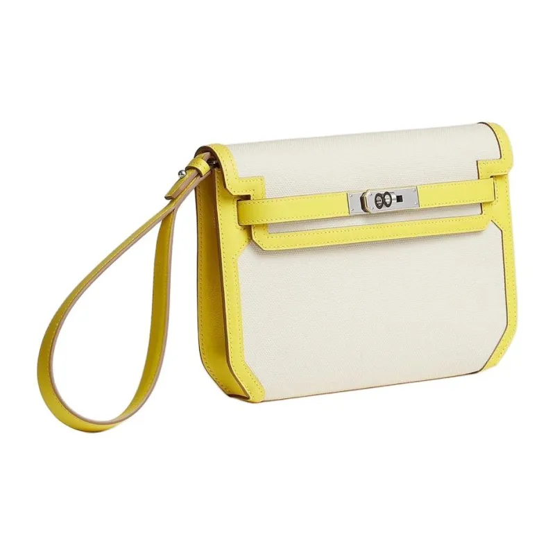 HERMES Kelly Depeches Goeland Fabric With Evercolor Calfskin Clutch Men's White & Orange-1