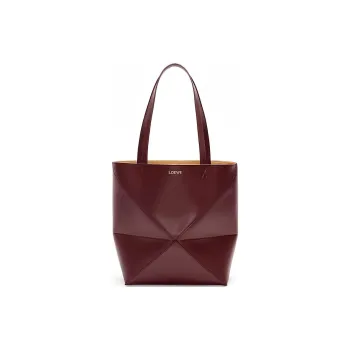 LOEWE Shiny Cow Leather Tote Bag Shopping Bag Handbag Medium Size Unisex Deep Burgundy Red