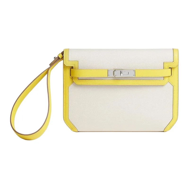 HERMES Kelly Depeches Goeland Fabric With Evercolor Calfskin Clutch Men's White & Orange-0
