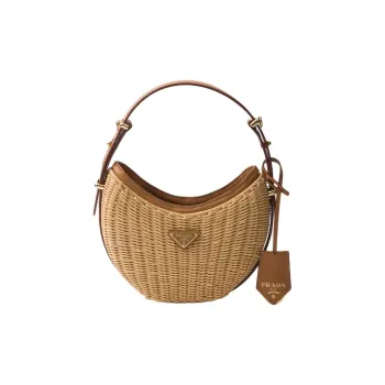 PRADA Arque Woven Fabric With Leather Handbag Women's Light Brown