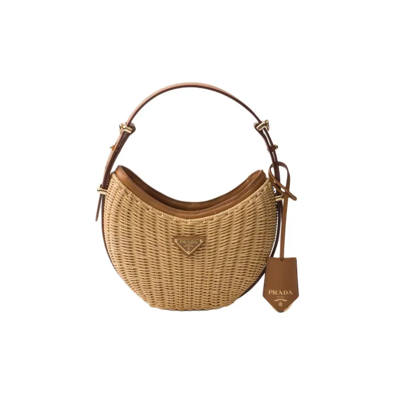 PRADA Arque Woven Fabric With Leather Handbag Women's Light Brown-0