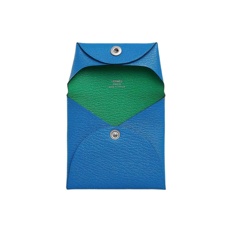HERMES Bastia Mysore Goat Skin Card Holder Coin Purse Women's Sandalwood And Sandalwood Blue With Mint Green-1