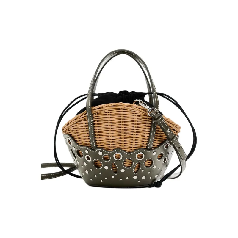 ZARA Rattan Tote Bag Shopping Bag Shoulder Bag Handbag Large Size Women's Green-2