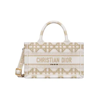 DIOR BookTote Embroidery Tote Bag, Shopping Bag, Shoulder Bag, Crossbody Bag, Handbag Mini Women's White & Gold