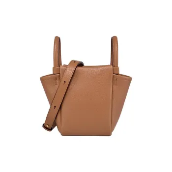 DISSONA Cow Leather Bucket Bag, Shoulder Bag, Crossbody Bag, Handbag Small Size Unisex Brown