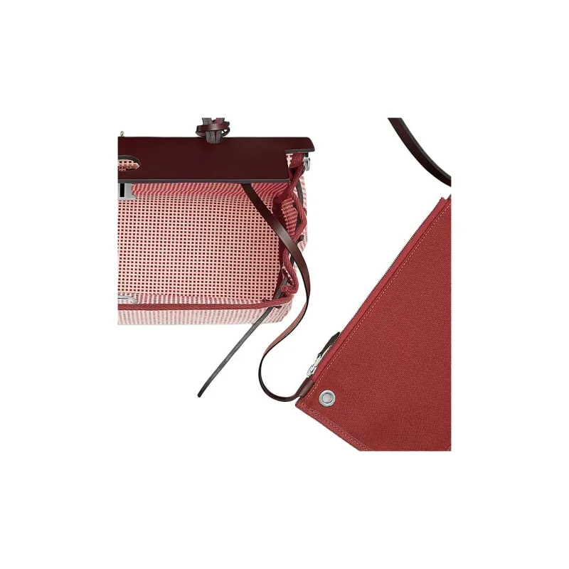 HERMES Herbag Zip Cowhide Patchwork Canvas Handbags Shoulder Bag Crossbody Bag Regular Unisex Saddle Red Woven-4