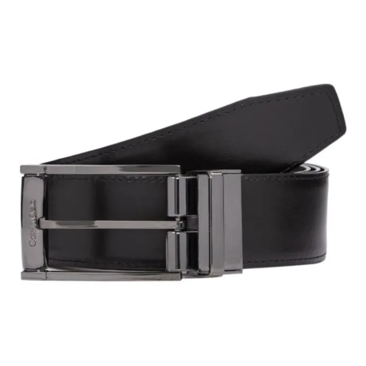 CK/Calvin Klein Logo Carving Smooth Buckle Leather Belts Men's Black 3.5CM-0