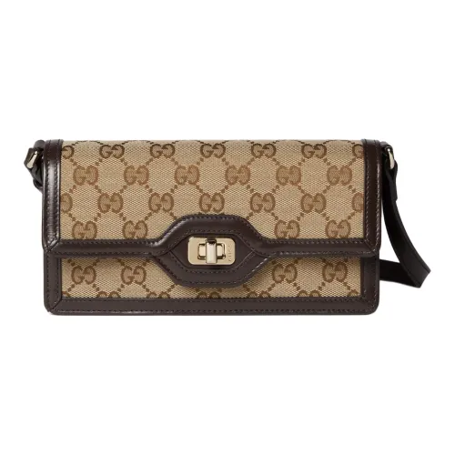 GUCCI Canvas With Leather Shoulder Bag Women's Beige & Ebony