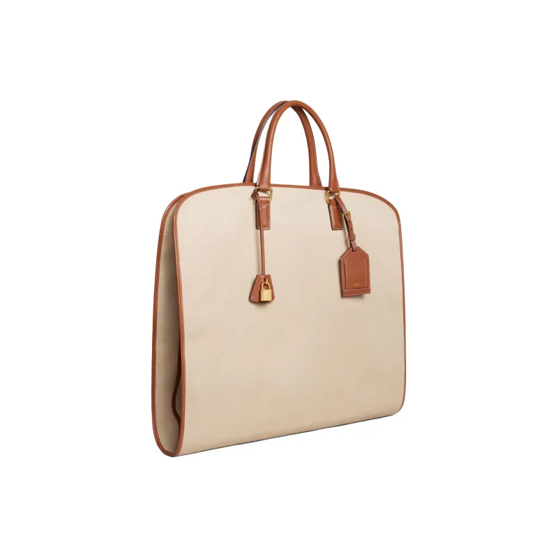 CELINE Fabric With Calfskin Clothing Bag Storage Bag Men's Natural & Brown Umber-1