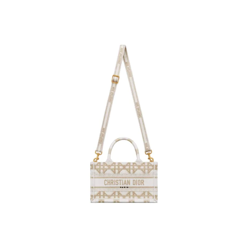 DIOR BookTote Embroidery Tote Bag, Shopping Bag, Shoulder Bag, Crossbody Bag, Handbag Mini Women's White & Gold-4