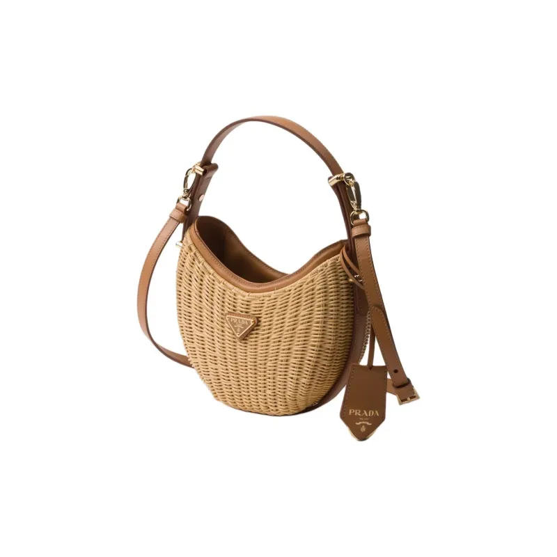 PRADA Arque Woven Fabric With Leather Handbag Women's Light Brown-1