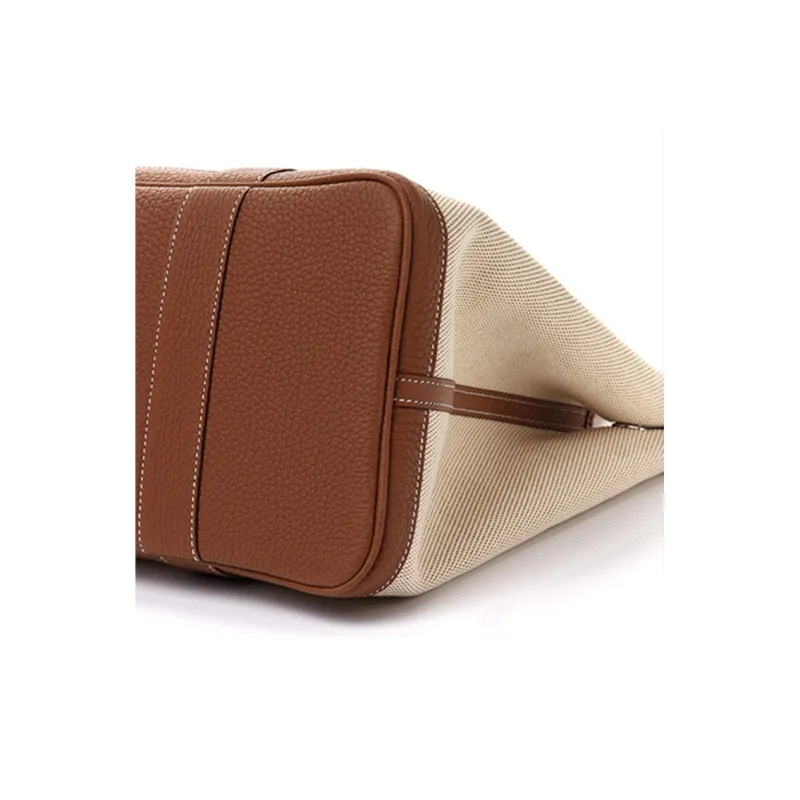HERMES Garden Party Canvas With Leather Garden Handbag Unisex Gold Brown/Sand Yellow-3
