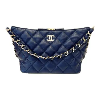 CHANEL Litchi Grain Cow Leather Handbag, Shoulder Bag Large Size Women's Marine Blue