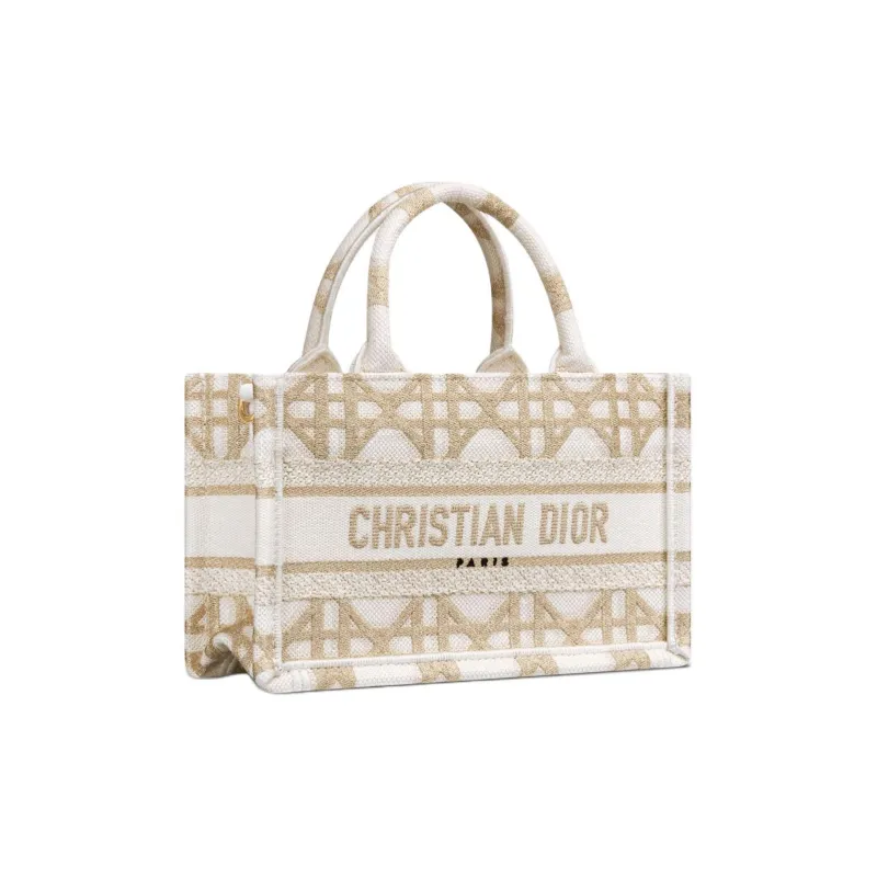 DIOR BookTote Embroidery Tote Bag, Shopping Bag, Shoulder Bag, Crossbody Bag, Handbag Mini Women's White & Gold-1