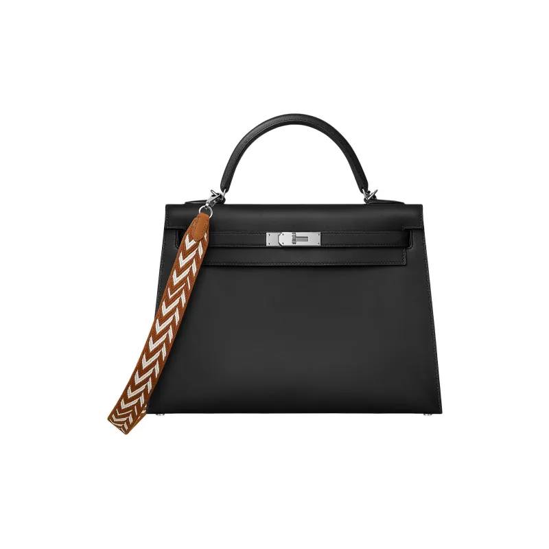 HERMES Kelly Pocket Zigzag Canvas With Swift Calfskin Bag Strap Women's Gold & White-3