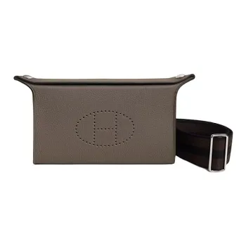 HERMES Videpoches Togo Calfskin Plate Bag Fanny Pack Shoulder Bag Crossbody Bag Men's Silver Gray & Ebony & Black